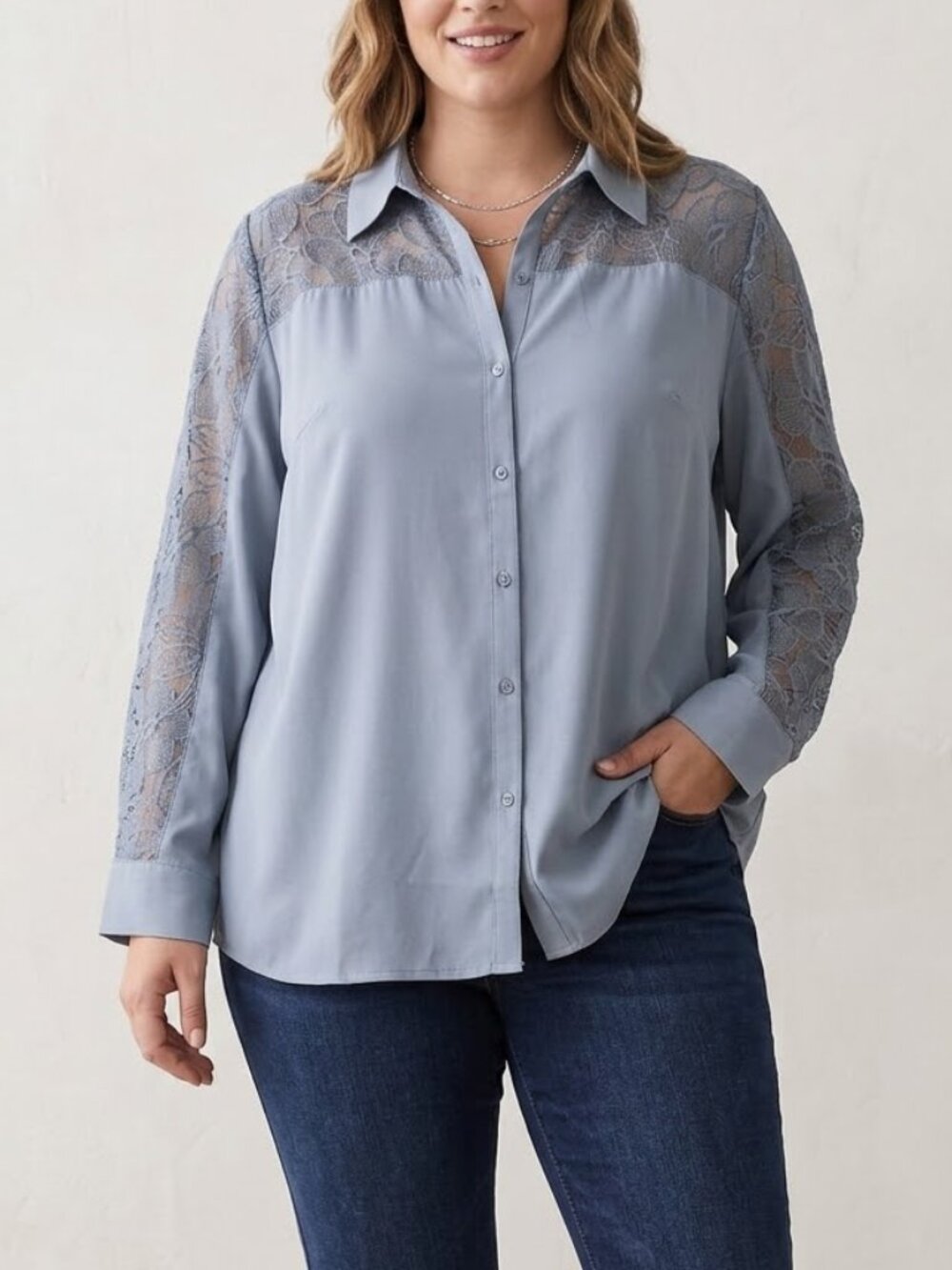 NWT Liv Los Angeles Blue Lace Long Sleeve Button Down Top Blouse Size 1X Preppy